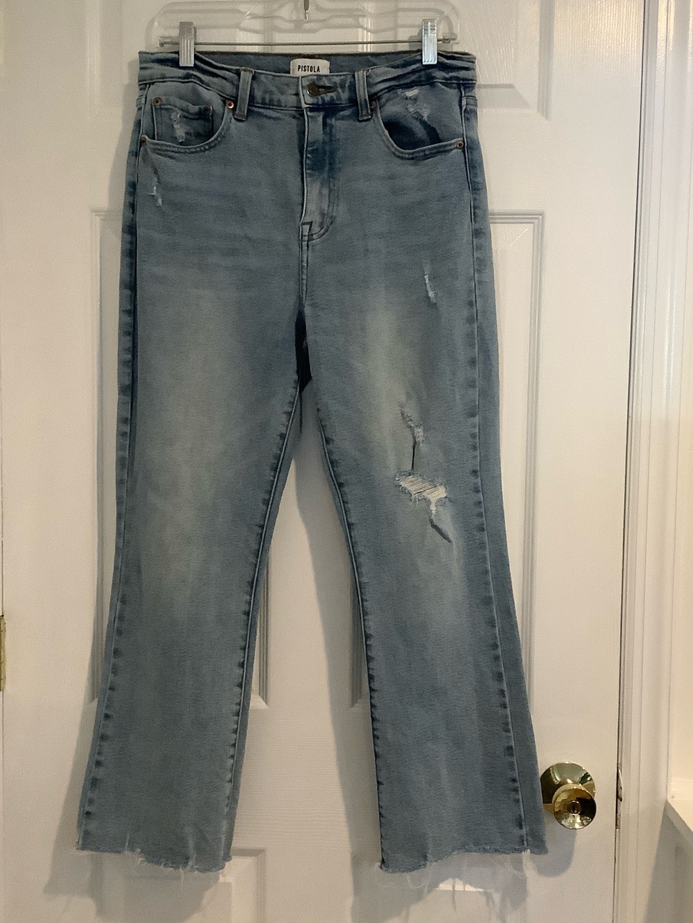 PISTOLA Light Wash Distressed Stretch Cropped Straight Leg High Rise Jeans 30